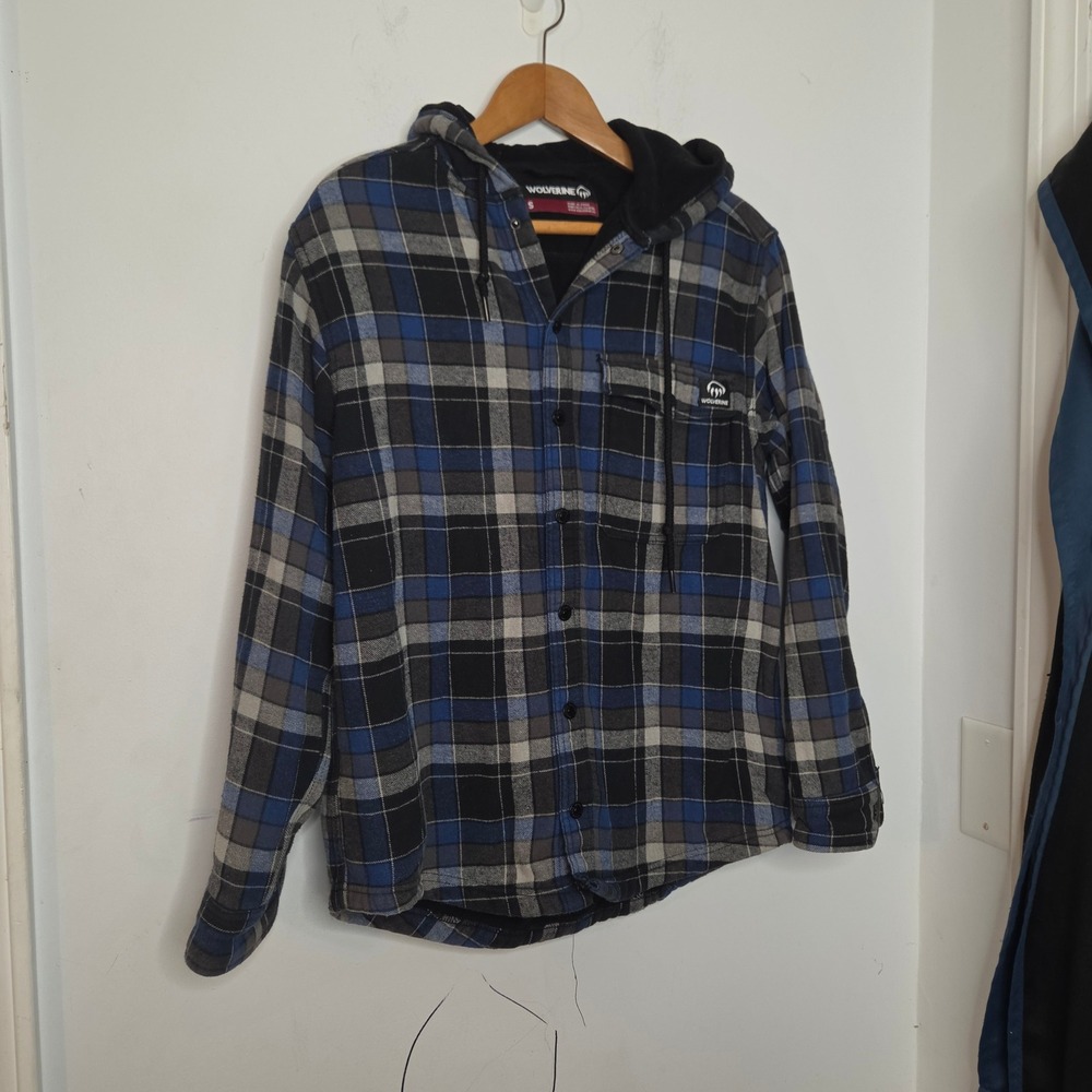 Wolverine Mens Small Blue Grey Plaid Fleece Lined Hooded Flannel Shirt Jacket